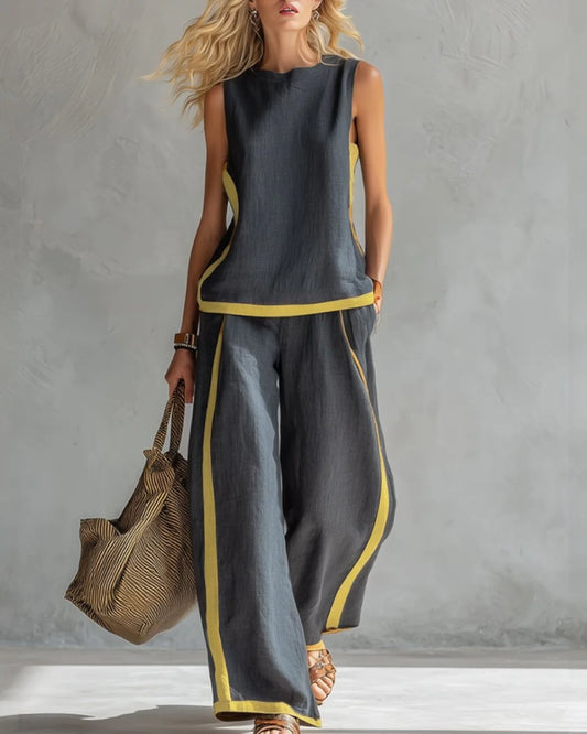 Leila| Conjunto de chaleco y pantalón de algodón y lino